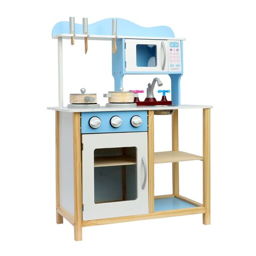 מטבח מעץ לילדים, דגם איתמר תכלת כולל כיריים, תנור, מיקרוגל, כיור,וכלי מטבח .