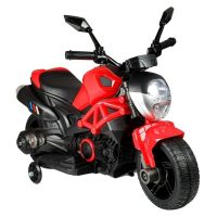 אופנוע ספורט לילדים 6V, שני גלגלי גומי לאחיזה מושלמת, גלגלי עזר ליציבות מירבית, ידיות אחיזה מגומי.