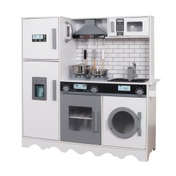 מטבח עץ צעצוע מדהים בצבע לבן לילדים, דגם עידו כולל אביזרי מטבח ,צלילים בכיריים, תאורה בארונות, קולט אדים, מיקרוגל, תנור ומכונת כביסה