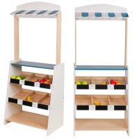 עמדת דוכן פירות וירקות מעץ לילדים, הכולל 3 מדפי אחסון ודלפק שירות