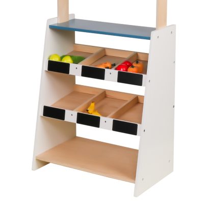 עמדת דוכן פירות וירקות מעץ לילדים, הכולל 3 מדפי אחסון ודלפק שירות