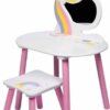 שולחן איפור מעץ לילדים בעיצוב חד קרן הכולל שרפרף ומראה בצבעי לבן וורוד