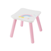 שולחן איפור מעץ לילדים בעיצוב חד קרן הכולל שרפרף ומראה בצבעי לבן וורוד