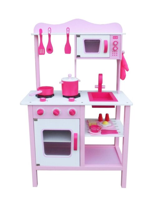 מטבח לילדים מעץ בצבע ורוד דגם אביגיל כולל מיקרוגל, תנור אפיה, כיריים חשמליים, ואביזרי מטבח, סיר, מחבת, וכלי אוכל
