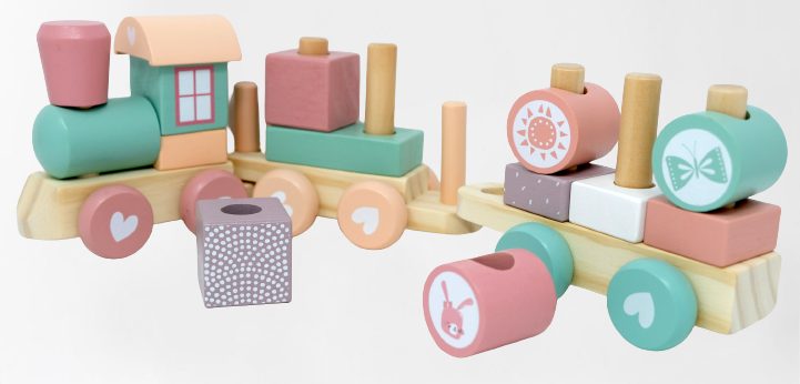 צעצוע עץ, רכבת ענק בצבעי פסטל ורוד הכוללת 22 חלקים בצורות הנדסיות שונות