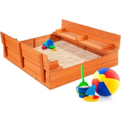 ארגז חול נפתח לחצר עשוי מעץ אורן איכותי עם מכסה וספסלי ישיבה בצבעי עץ טבעי 120X120X20