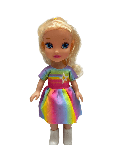בובת אופנה עם שמלה צבעונית נעליים נשלפות ושיער ארוך