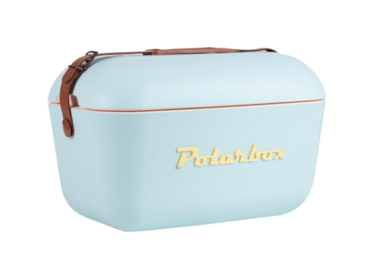 צידנית צבעונית Polarbox בצבע תכלת צהוב ורצועת עור חומה 20 ליטר
