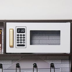 מטבח מעוצב מעץ לילדים , בצבע לבן ושחור דגם נועה עם כיריים, מיקרוגל, מקרר, תנור, כיור עם ברז וכלי מטבח. (2)