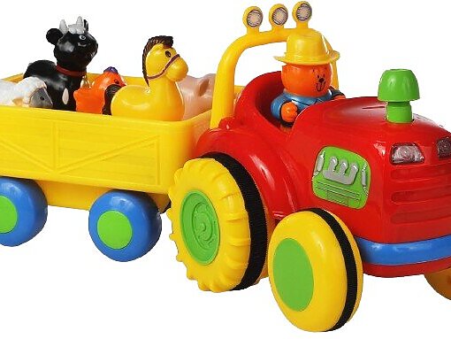 טרקטור חווה עם עגלה וחיות עם אורות וצלילים באנגלית. (1)