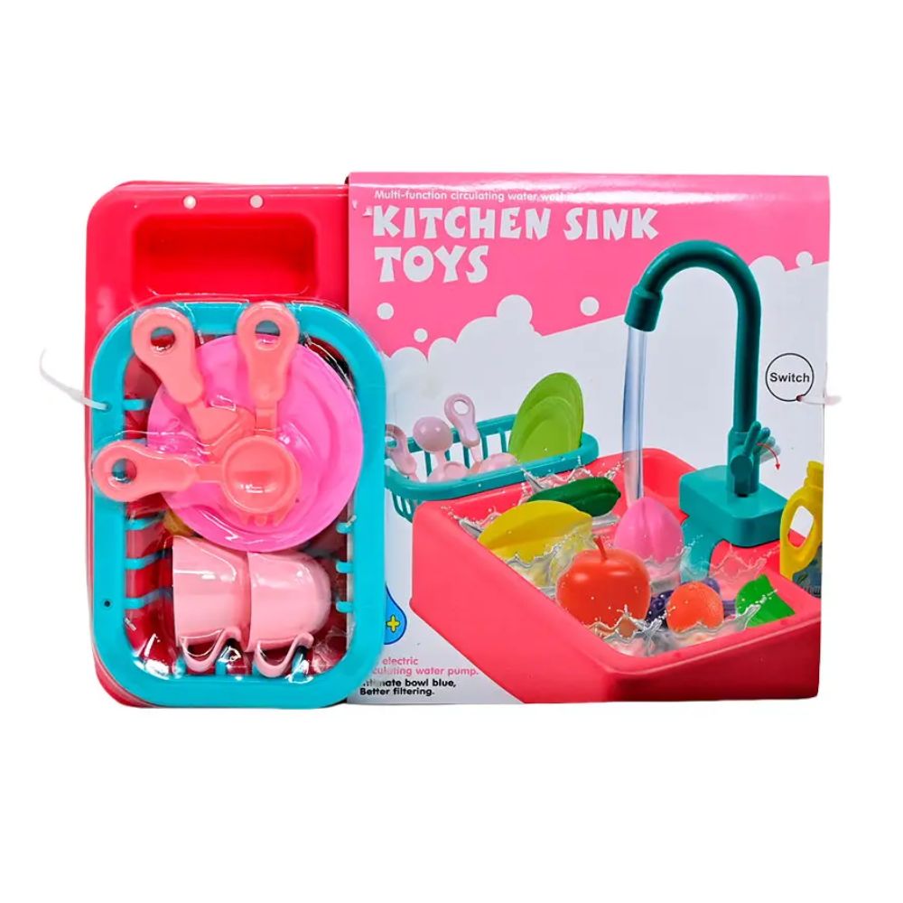 כיור עם ברז אלקטרוני מתיז מים בצבעי ורוד כולל כלי מטבח לשטיפה צעצוע מדמה מציאות לילדים – תמונה 2