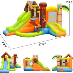 מתקן שעשועים מתנפח לילדים, בעיצוב של אי הג'ונגל עם חדר קפיצה ובריכת כדורים, קיר טיפוס ו3 מגלשות