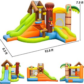 מתקן שעשועים מתנפח לילדים, בעיצוב של אי הג'ונגל עם חדר קפיצה ובריכת כדורים, קיר טיפוס ו3 מגלשות