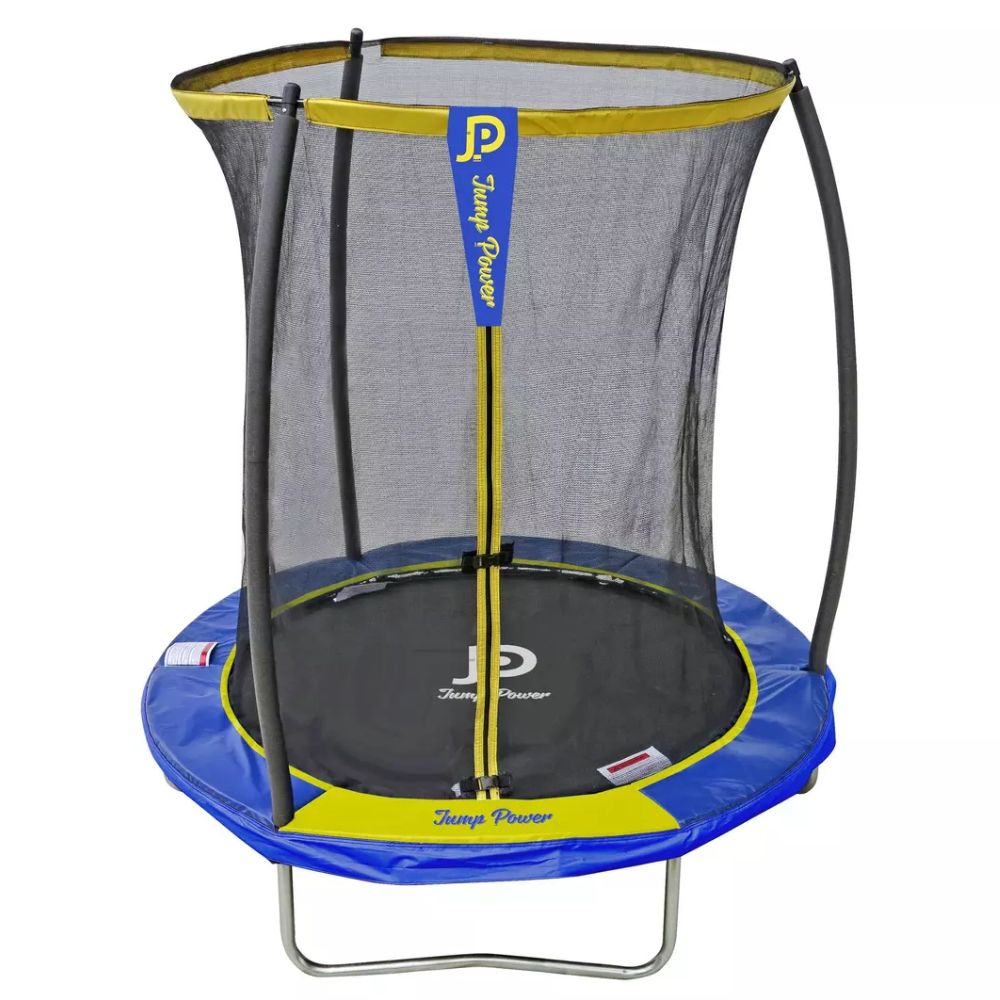 טרמפולינה פייבר בצבעי כחול וצהוב כולל רשת הגנה הדוקה פנימית, כיסוי מגן לקפיצים ופתח לכניסה ויציאה מאובטח קוטר 1.83 מטר,6 FIT