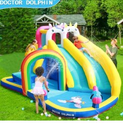 פארק מים חד קרן מתנפח עם מגלשה וקיר טיפוס Doctor Dolphin – תמונה 3
