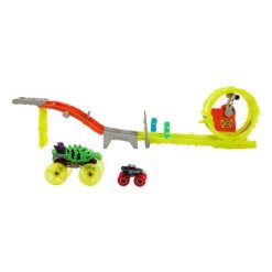 Hot Wheels Monster Trucks Power Smashers מ3סלול1 אתגר טעינה ומרדף עם סלסאורוס גדול מימדים, בקנה מידה 164 Bone Shaker ו-2 מכוניות מרוסקות