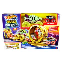 Hot Wheels Monster Trucks Power Smashers מסלול אתגר טעינה ומרדף עם סלסאורוס גדול מימדים, בקנה מידה 164 Bone Shaker ו-2 מכוניות מרוסקות