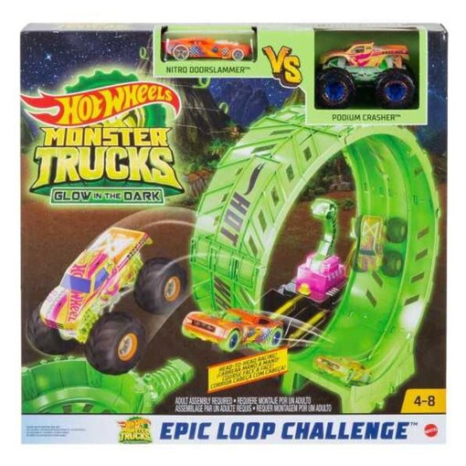 Hot Wheels- מאנסטר טראק מסלול לופ זוהר בחושך+ 2 רכבים