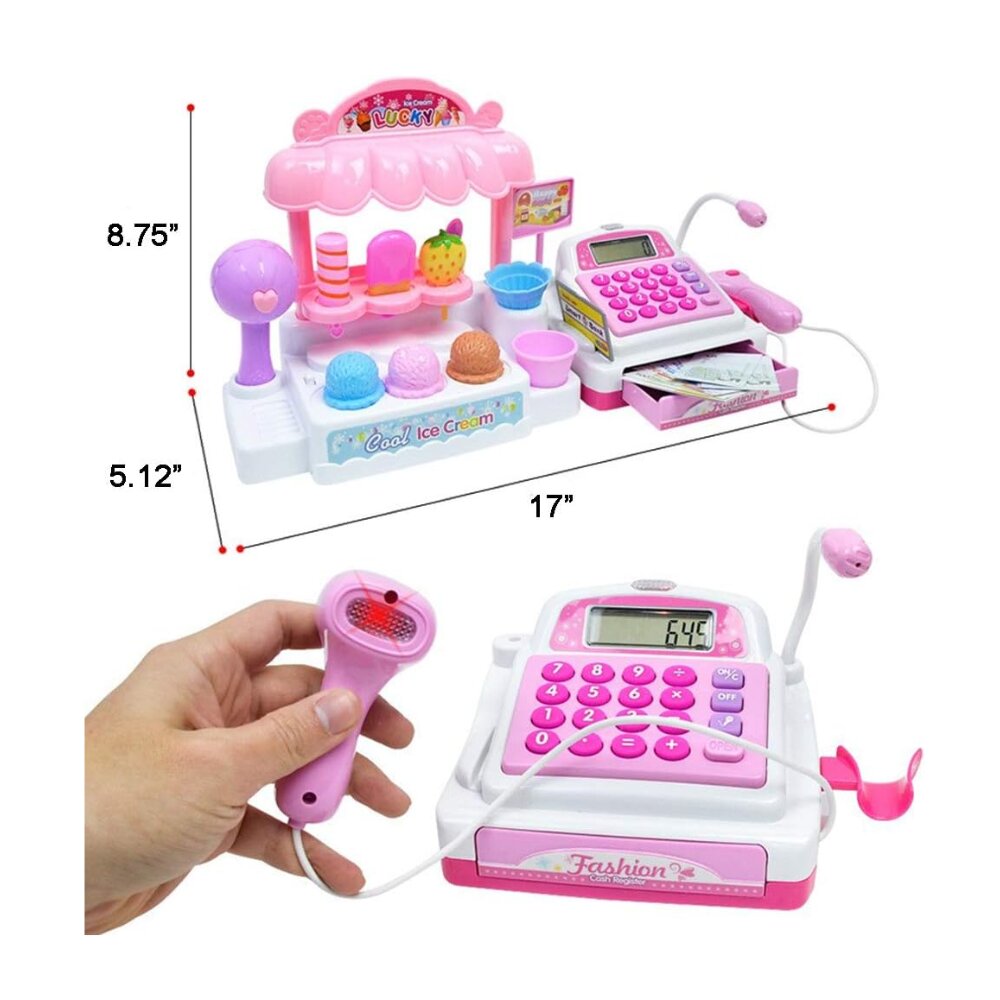 קופה רושמת לילדים דגם דוכן גלידה – מכילה סורק, מיקרופון וכסף צעצוע – תמונה 4