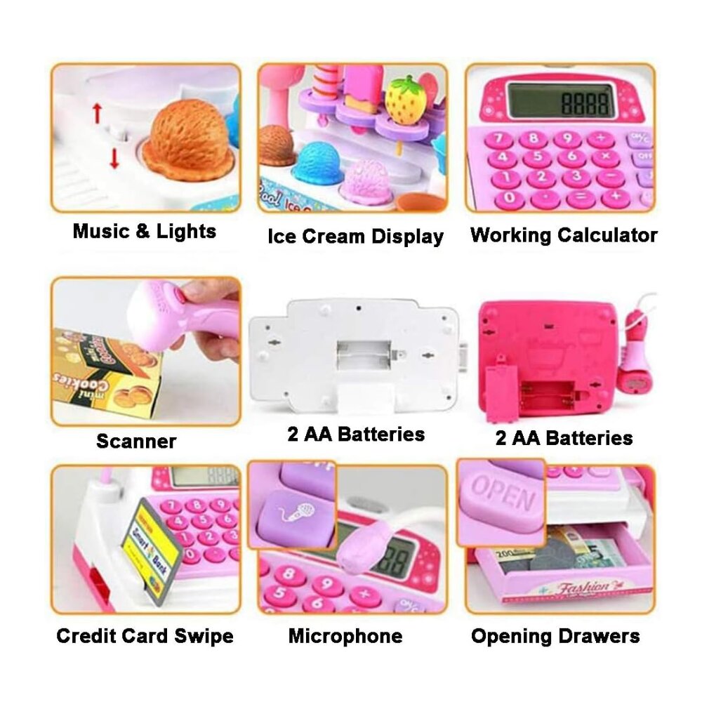 קופה רושמת לילדים דגם דוכן גלידה – מכילה סורק, מיקרופון וכסף צעצוע – תמונה 3