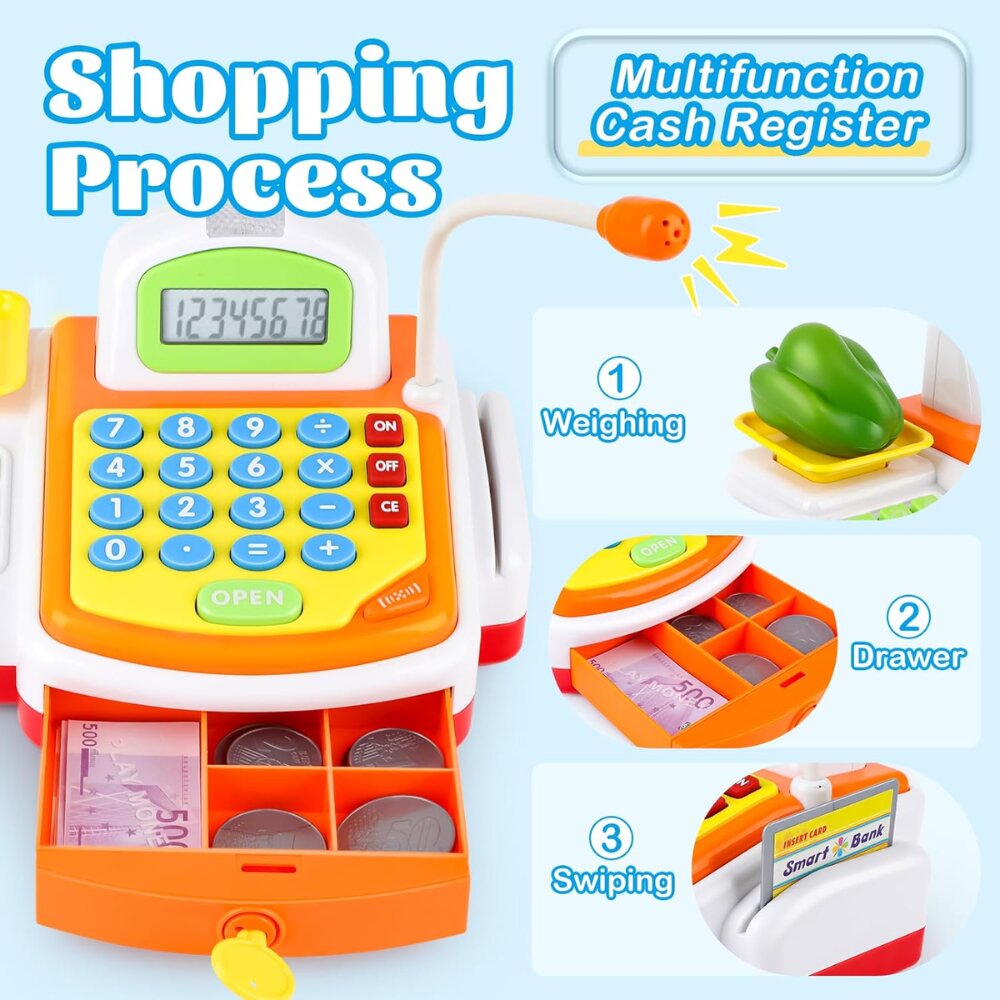 קופה רושמת לילדים – משחק חינוכי עם סל קניות, כסף צעצוע ומיקרופון – תמונה 2