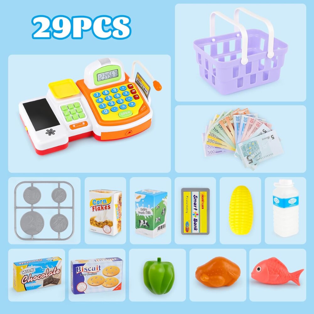 קופה רושמת לילדים – משחק חינוכי עם סל קניות, כסף צעצוע ומיקרופון – תמונה 3