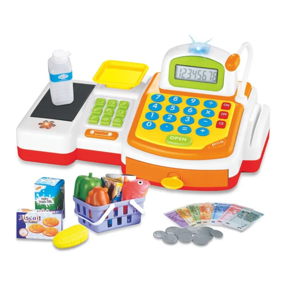 קופה רושמת לילדים – משחק חינוכי עם סל קניות, כסף צעצוע ומיקרופון