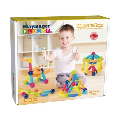 Playmager צורות מגנטיות שקופות 61 חלקים – ערכת הרכבה חינוכית ויצירתית לילדים