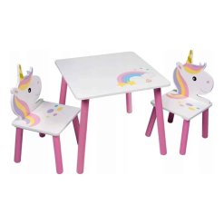 סט שולחן וכיסאות לילדים מעץ בעיצוב חד קרן – מושלם לחדר הילדים