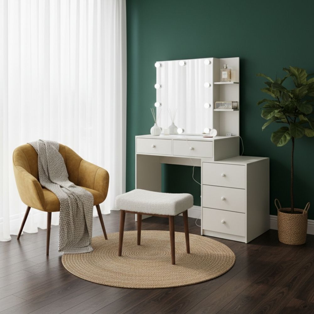 שידת איפור דגם מורן – עיצוב אלגנטי עם אחסון מושלם ותאורה – תמונה 5