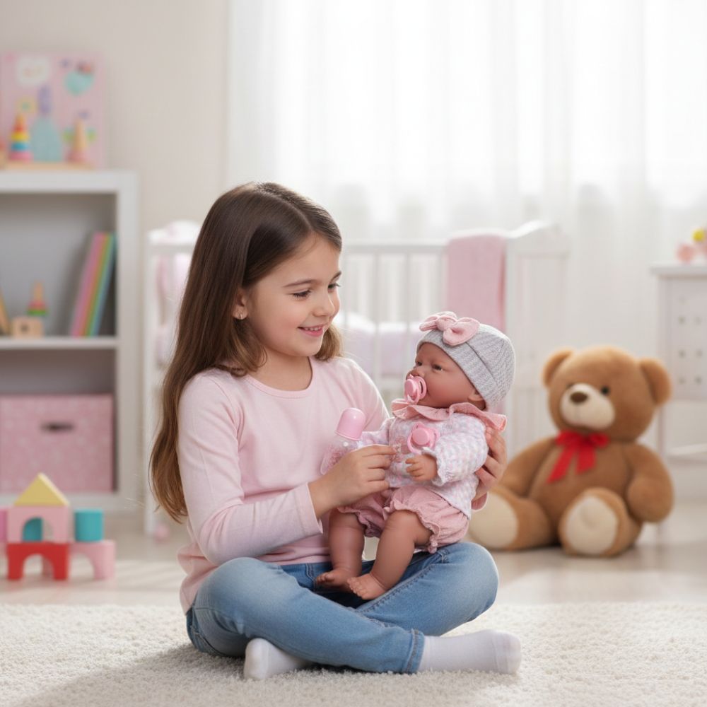 בובת תינוקת – סט לבוש ורוד, בקבוק ומוצץ – תמונה 3