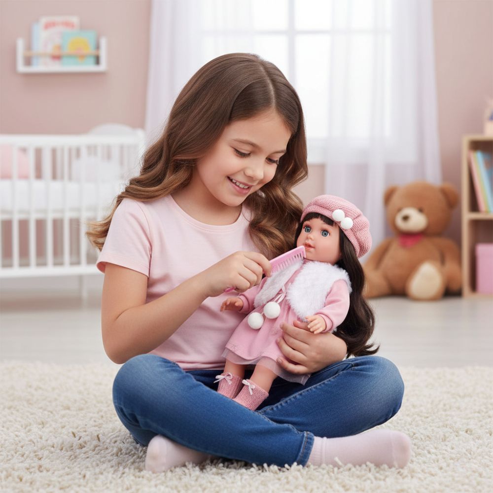 בובת אופנה נינה 40 ס"מ – גוף רך, שיער לעיצוב וסט בגדים אופנתי – תמונה 2