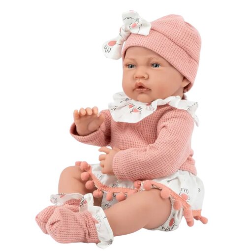 בובת תינוק 40 ס"מ בסט ורוד אופנתי – גוף רך עם פומפונים ופפיון