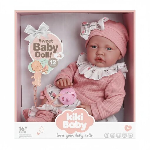 בובת תינוקת חלומי 40 ס"מ – גוף רך, סט לבוש ורוד ומוצץ תואם