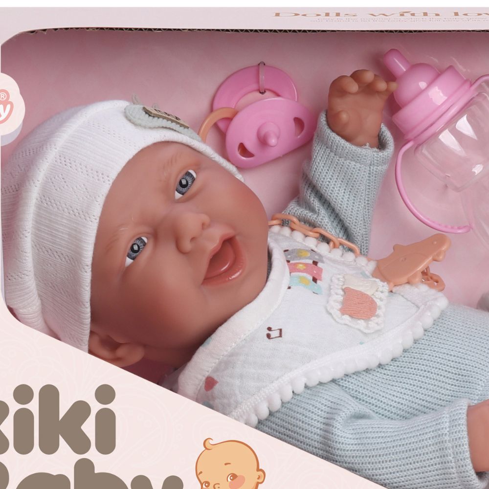 בובת תינוק ריאליסטית 40 ס"מ גוף ויניל כולל בקבוק, מוצץ וסט לבוש – תמונה 5