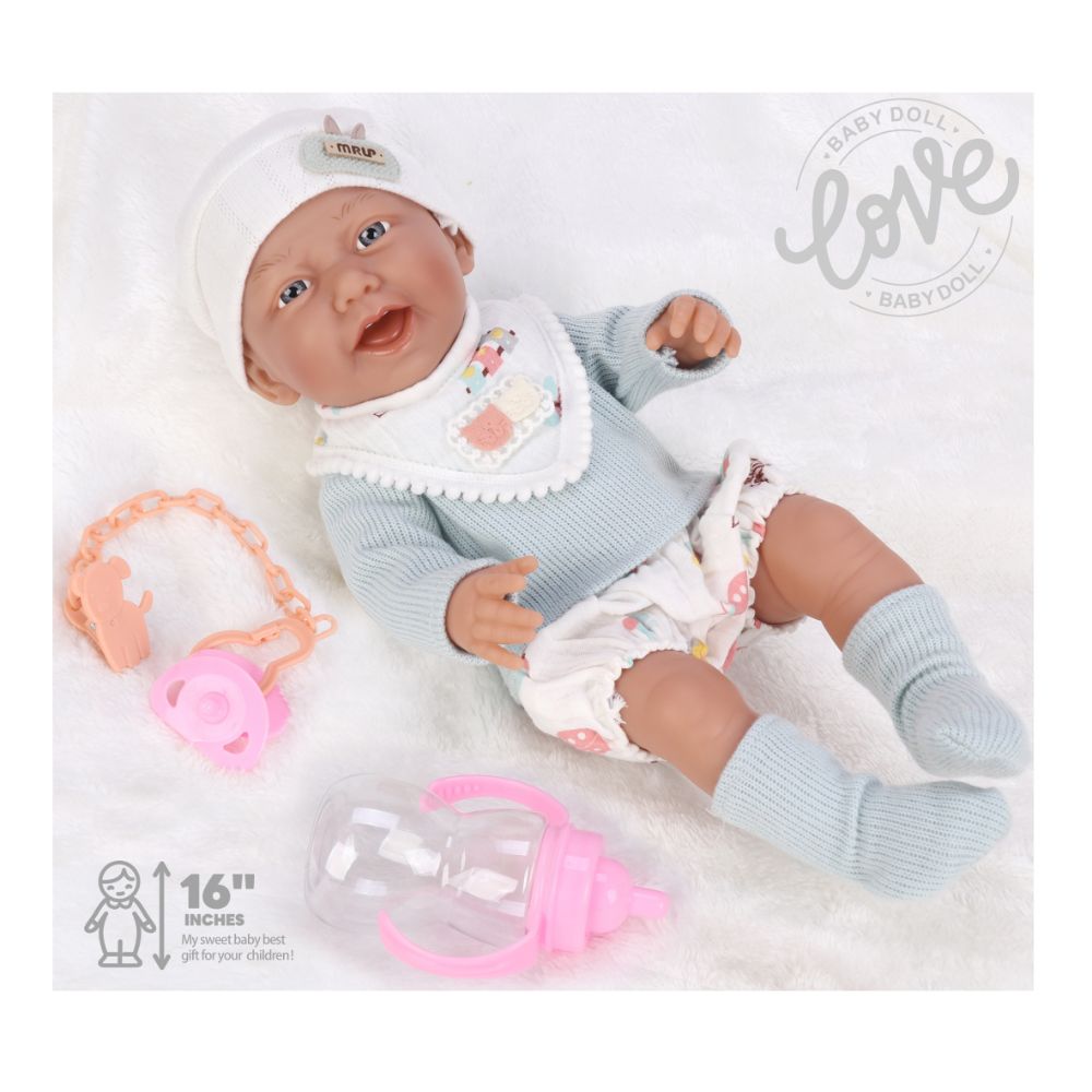 בובת תינוק ריאליסטית 40 ס"מ גוף ויניל כולל בקבוק, מוצץ וסט לבוש – תמונה 3