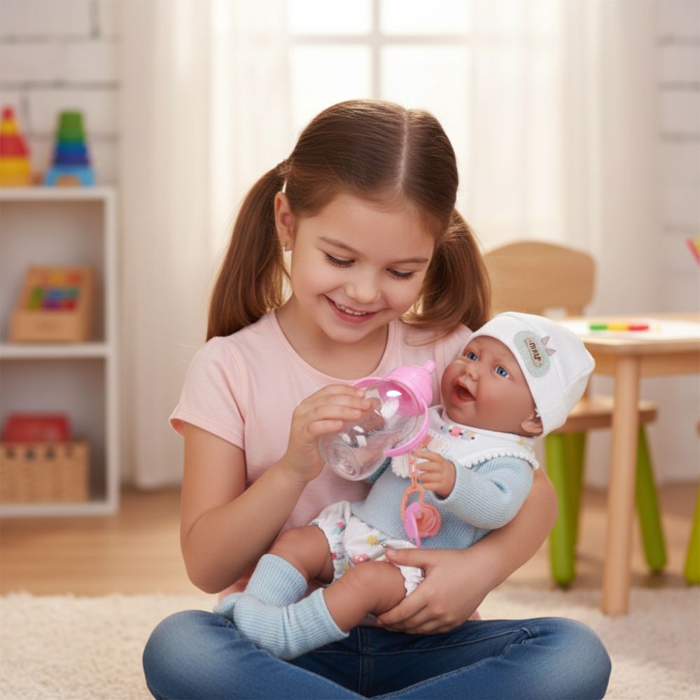 בובת תינוק ריאליסטית 40 ס"מ גוף ויניל כולל בקבוק, מוצץ וסט לבוש – תמונה 2