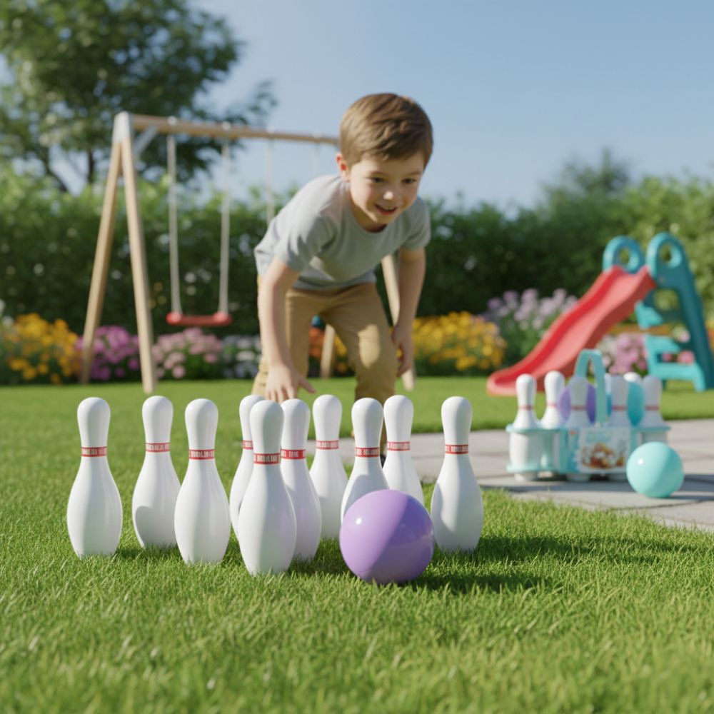 סט באולינג לילדים: 10 חיילים וזוג כדורים עם גומות אחיזה – תמונה 3