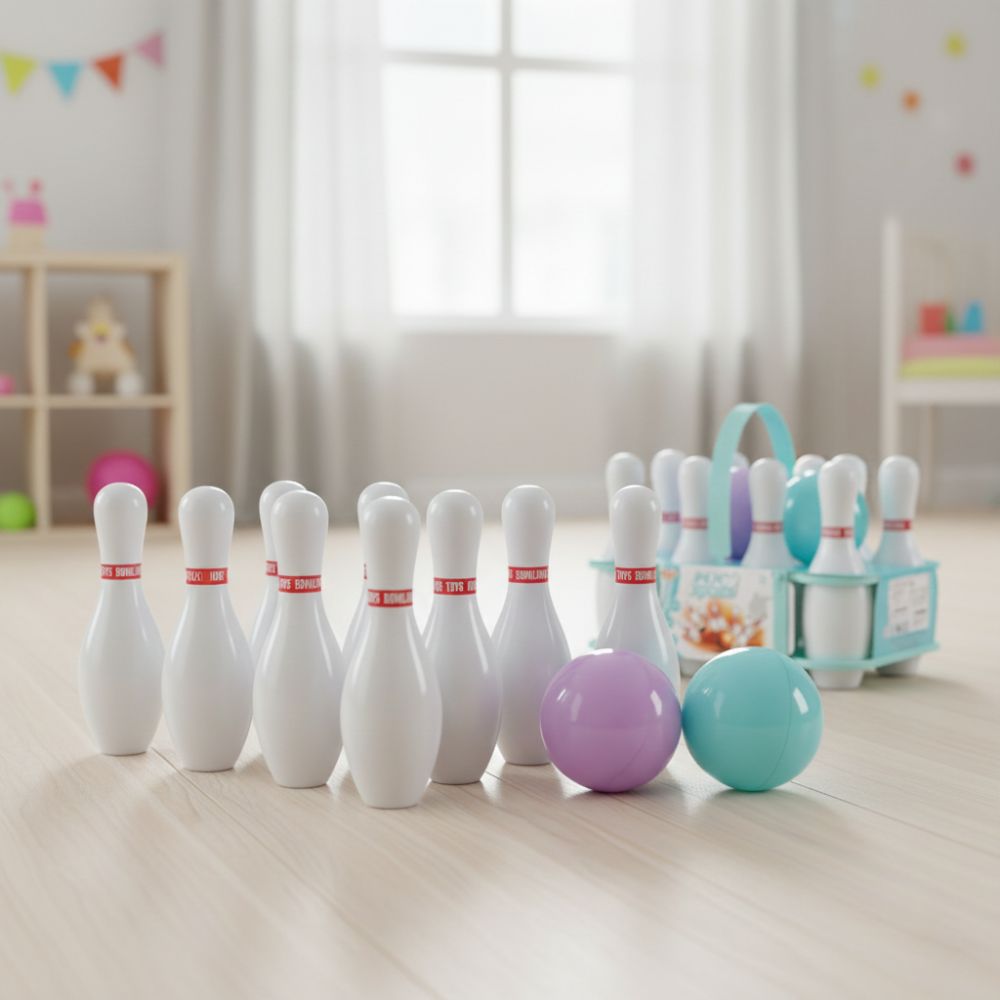 סט באולינג לילדים: 10 חיילים וזוג כדורים עם גומות אחיזה – תמונה 2