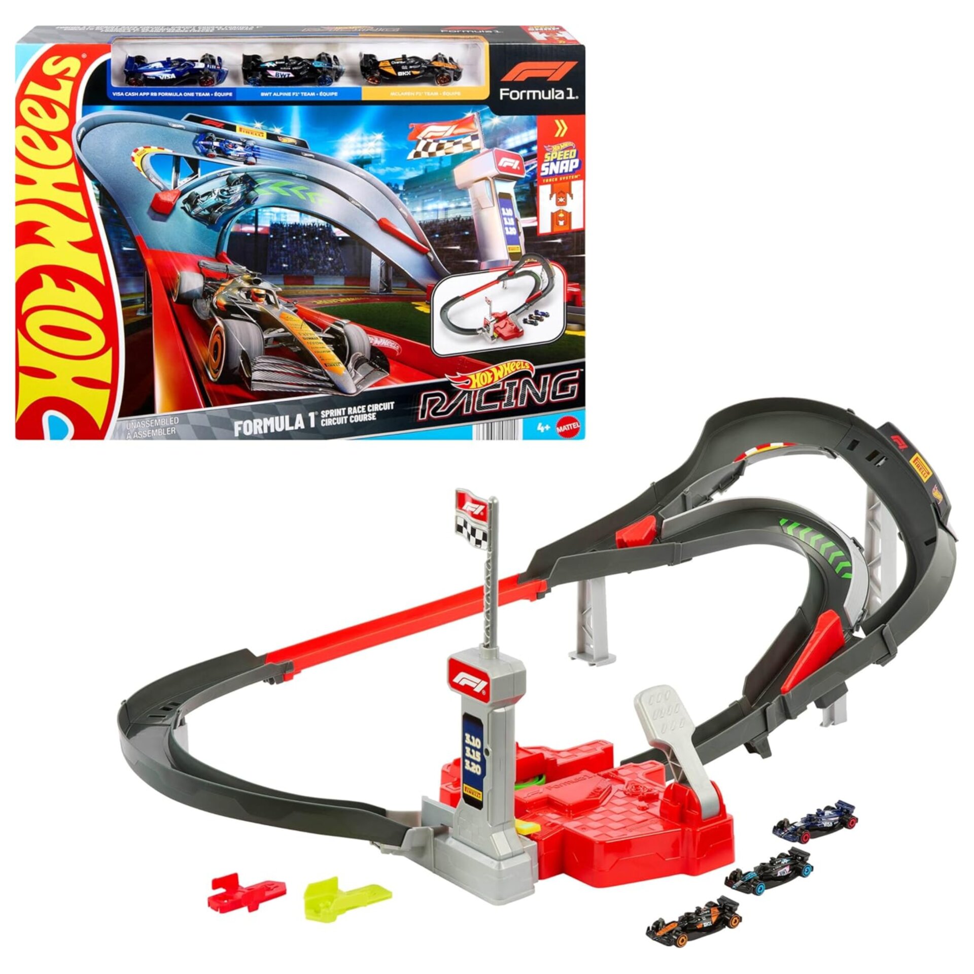 מסלול Hot Wheels Racing Formula 1® Sprint Circuit – ערכת מרוץ ועקיפה עם 3 רכבי נבחרות