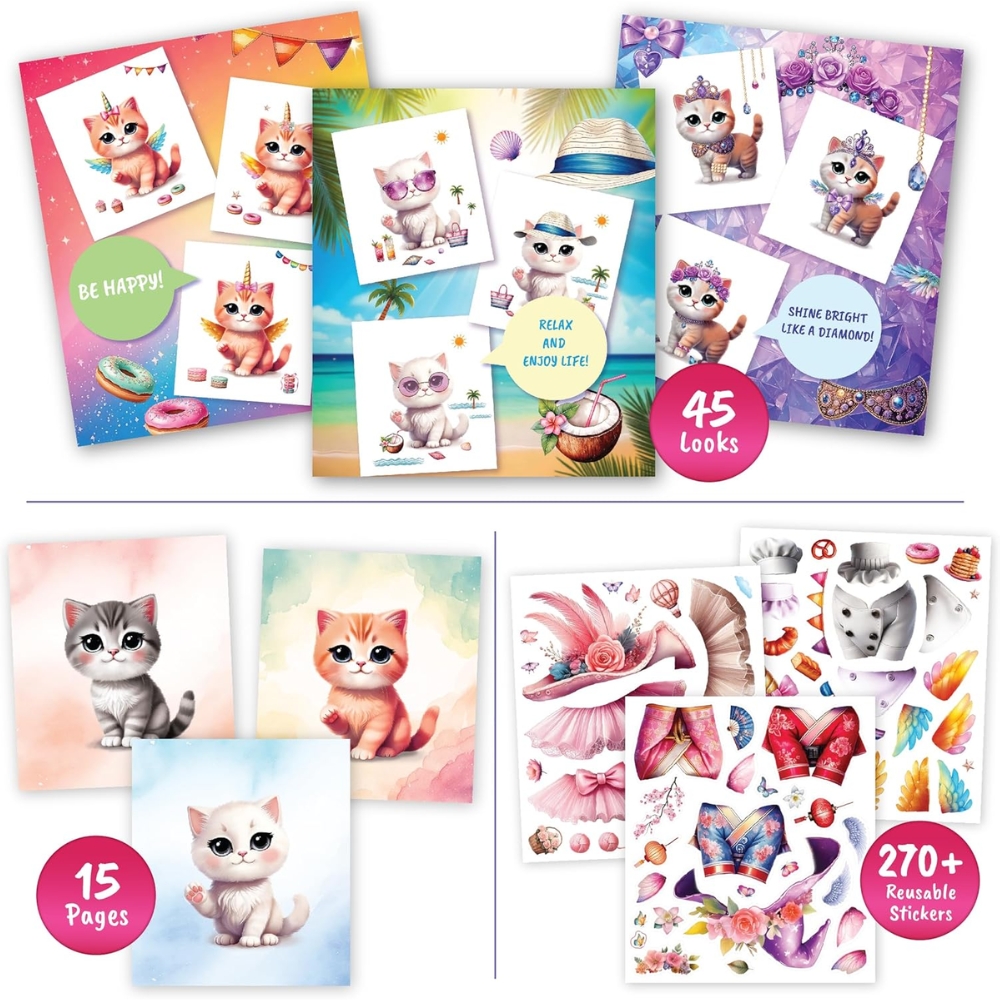 ספר מדבקות עיצוב אופנה לילדים BSCOOL – דגם חתלתול מקסים Fashion Cat (300+ מדבקות לשימוש חוזר) – תמונה 5