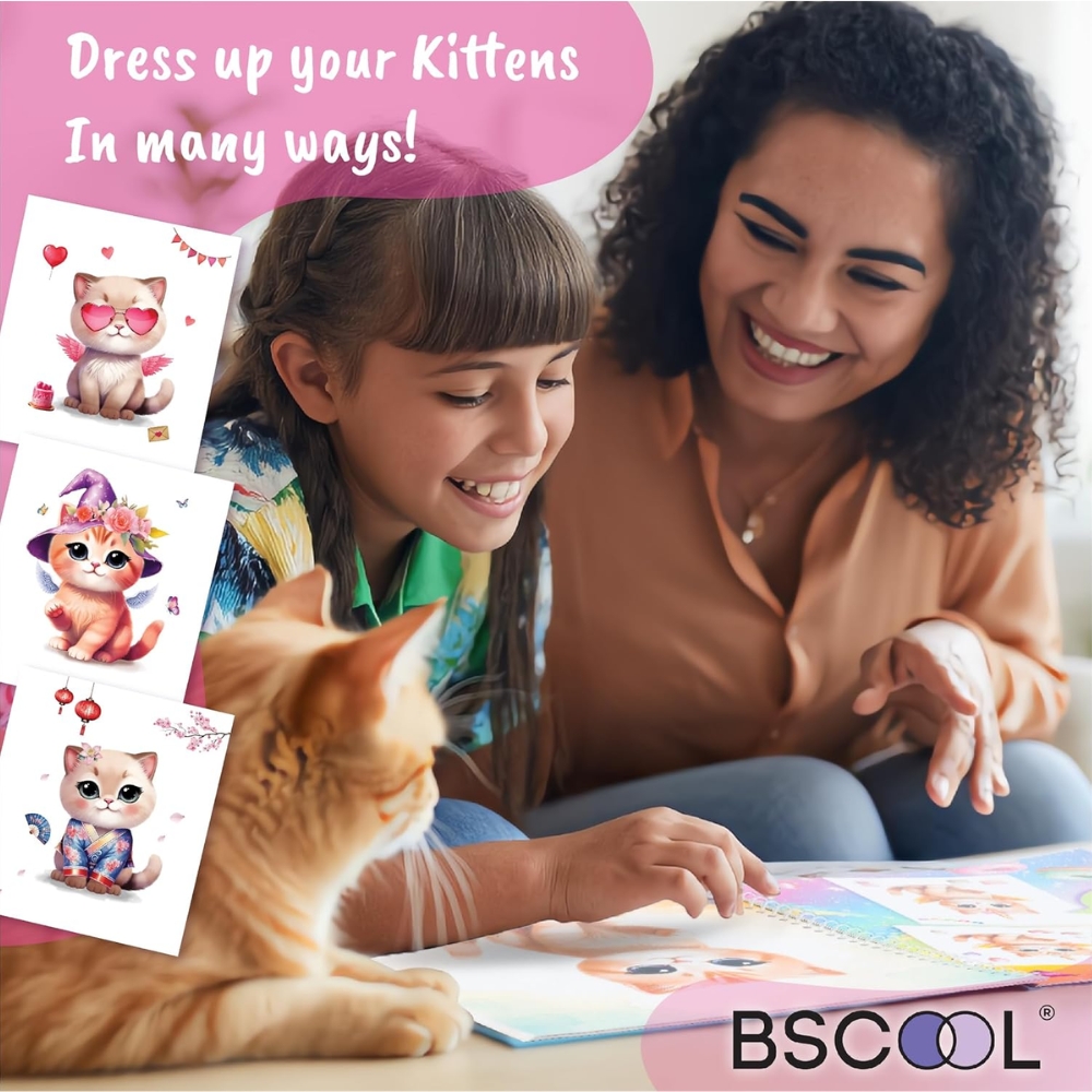 ספר מדבקות עיצוב אופנה לילדים BSCOOL – דגם חתלתול מקסים Fashion Cat (300+ מדבקות לשימוש חוזר) – תמונה 2