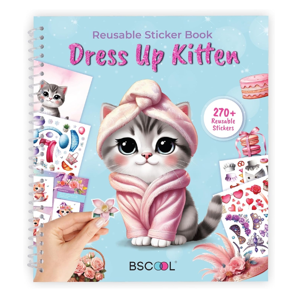 ספר מדבקות עיצוב אופנה לילדים BSCOOL – דגם חתלתול מקסים Fashion Cat (300+ מדבקות לשימוש חוזר)