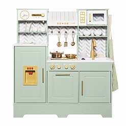 מטבח אלקטרוני מעץ לילדים דגם אמה – כולל כיריים אלקטרוניות (אדים, אורות וצלילים), כיור מים זורמים ואביזרים