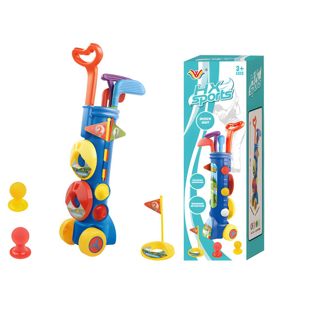 ערכת מיני גולף לילדים – עגלת נגרר ניידת, 3 מחבטים, חורים וכדורים