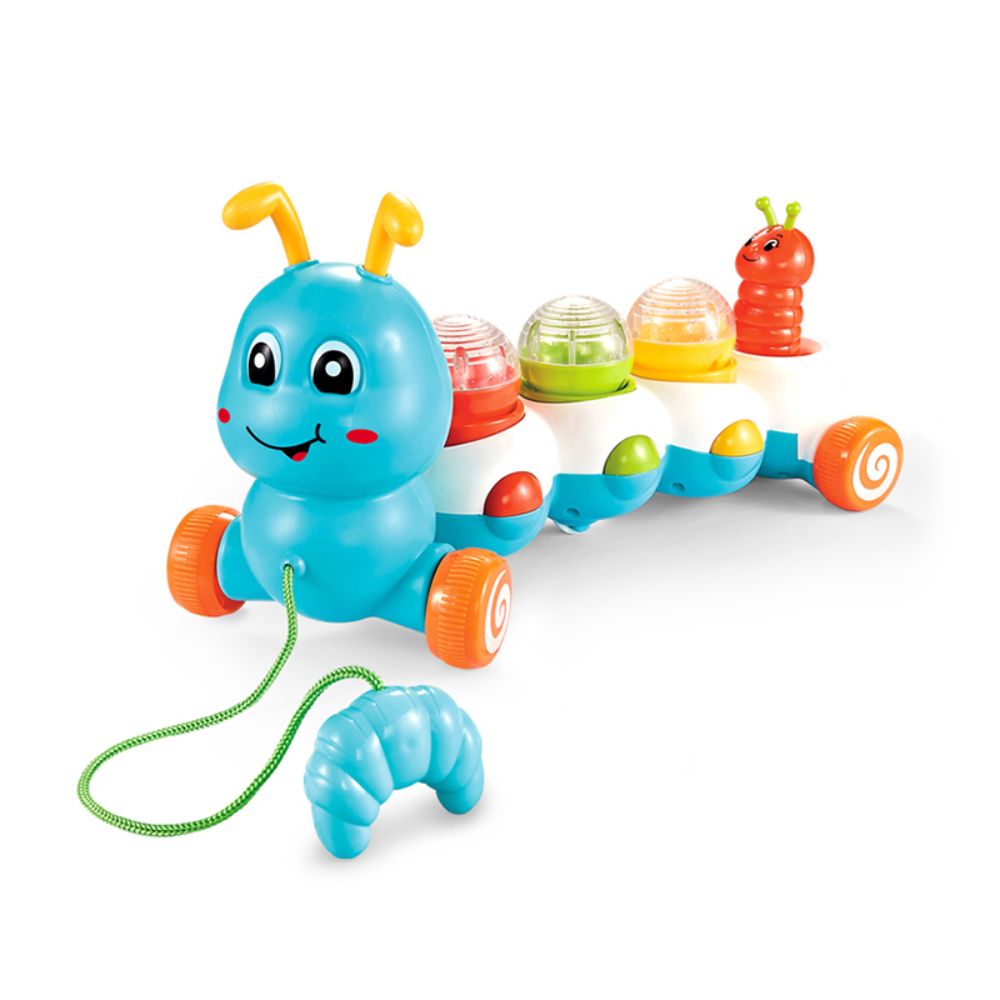 צעצוע משיכה זחל לפעוטות עם חבל גרירה ו-3 כדורי צורות – משחק התפתחותי מעודד הליכה עם מוזיקה ותאורה – תמונה 3