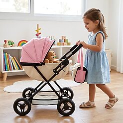 עגלת שכיבה מתקפלת לבובות I AM Toys ורוד שמנת | עגלה לבובה – תמונה 3