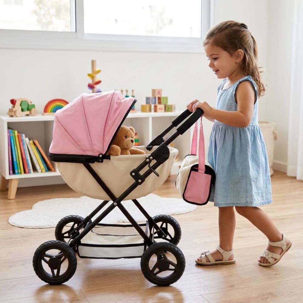 עגלת שכיבה מתקפלת לבובות I AM Toys ורוד שמנת | עגלה לבובה – תמונה 3