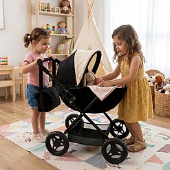 ⁦עגלת שכיבה מתקפלת לבובות I AM Toys שחור שמנת | עגלה לבובה⁩ – תמונה ⁦3⁩